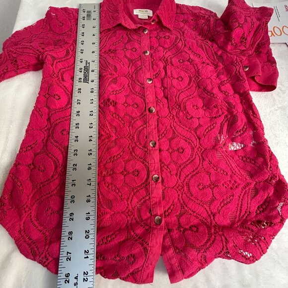 Anthropologie Maeve Womens Button Down Lace Shirt Size 2P Pink Roll-Tab Sleeve - Picture 8 of 8